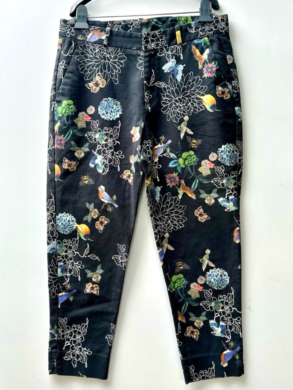 Desigual Birds & Floral Patterned Tapered Ankle Pants, Black, size 42, 8